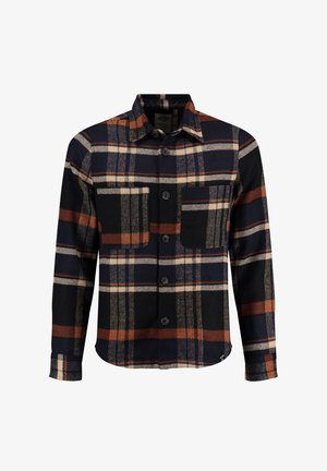 Camicia a quadri in blu navy, arancione e beige. Presenta un colletto, chiusura anteriore con bottoni, due tasche applicate e maniche lunghe con polsini bottonati.