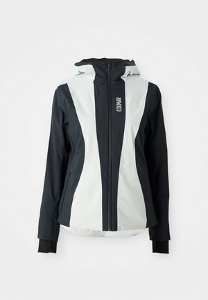 Črna in svetlo siva softshell jakna z zadrgo spredaj, nastavljivo kapuco, kontrastnimi paneli in stranskimi žepi. Značilnost je logo "Colmar".