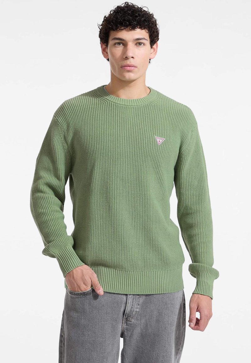 Maglione verde a coste con scollo rotondo, maniche lunghe e una piccola etichetta con logo a triangolo sul lato sinistro del petto. Vestibilità casual.