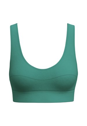 Sport-BH in Türkis mit breiten Trägern, einem tiefen Ausschnitt und nahtlosem Design für Halt und Komfort.