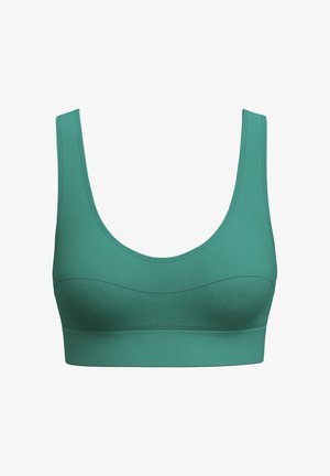 Brassière de sport turquoise avec larges bretelles, encolure dégagée et design sans coutures pour le soutien et le confort.