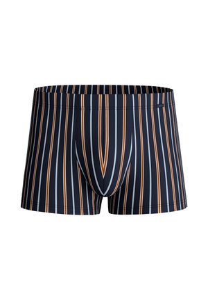 Men's boxer briefs in navy with vertical stripes in orange and light blue. Soft fabric, fitted design, and a comfort waistband.