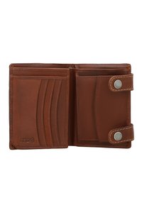 Brown leather bifold wallet with card slots, a snap button coin pocket, and RFID protection icon embossed on the lower left.