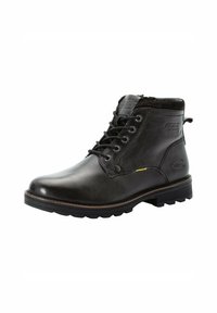Schwarze Leder-Stiefelette mit runder Zehenpartie, Schnürdesign, strukturiertem Finish, gepolstertem Schaft und Gummisohle mit kontrastierendem braunem Rand.