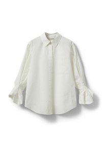 White button-up shirt with a collar, long sleeves, and gathered cuffs. Made from smooth material with a single chest pocket.