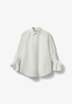 Weißes Hemd mit Button-Down-Kragen, langen Ärmeln und gerafften Manschetten. Hergestellt aus glattem Material mit einer einzelnen Brusttasche.