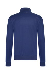 Navy blue zip-up jacket with a high collar, ribbed cuffs and hem, and a smooth texture; features a small logo on the back neck area.