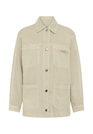 Smėlio spalvos švarko tipo striukė su keturiomis kišenėmis, ilgomis rankovėmis ir apykakle; mažas „LIBERTE“ ženklinimas viršutinėje dešinėje kišenėje.