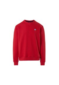 Roter Pullover mit Rundhalsausschnitt, langen Ärmeln, gerippten Bündchen und Saum. Mit kleinem blauem Logo auf der Brust. Glatte, weiche Stoffstruktur.