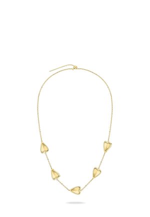 Collier chaîne en or avec cinq pendentifs en forme de cœur espacés uniformément sur un fond blanc, doté d'un fermoir coulissant réglable.