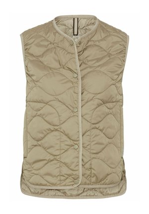 Beige gewatteerde vest met een ronde hals, drukknopen en contrasterende biezen. Het gladde, lichte materiaal heeft een golvend patroon.