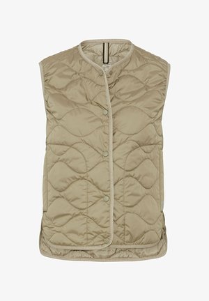 Beige gesteppte Weste mit rundem Ausschnitt, Druckknopfverschluss und kontrastierendem Besatz. Glattes, leichtes Material mit einem wellenförmigen Muster.