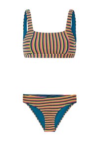 Multibarevný pruhovaný bikini set se čtvercovým výstřihem, s jasně růžovými, zelenými a modrými pruhy, vyrobený z texturované látky.