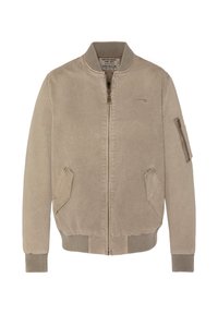 Bomber jacket beige claro con cuello y puños acanalados, cierre frontal de cremallera y dos bolsillos laterales. Presenta un bolsillo en la manga con cremallera.