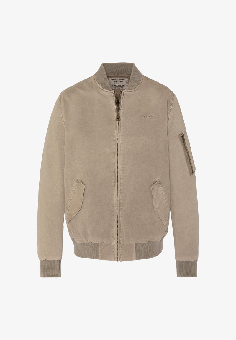 Bomber jacket beige claro con cuello y puños acanalados, cierre frontal de cremallera y dos bolsillos laterales. Presenta un bolsillo en la manga con cremallera.