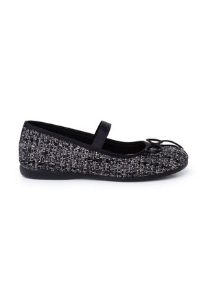 Black and silver textured ballet flat with a rounded toe, elastic strap, and bow detail at the front, designed for comfort and style.