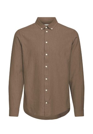 Barna hosszú ujjú ing, texturált anyagból készült, gombos gallérral és fehér gombokkal az elején.