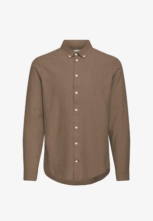 Barna hosszú ujjú ing, texturált anyagból készült, gombos gallérral és fehér gombokkal az elején.