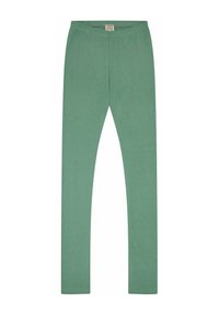 Grüne Leggings aus weichem, dehnbarem Material. Sie zeichnen sich durch ein enges Design mit einem elastischen Taillenbund und ohne sichtbare Nähte oder Taschen aus.