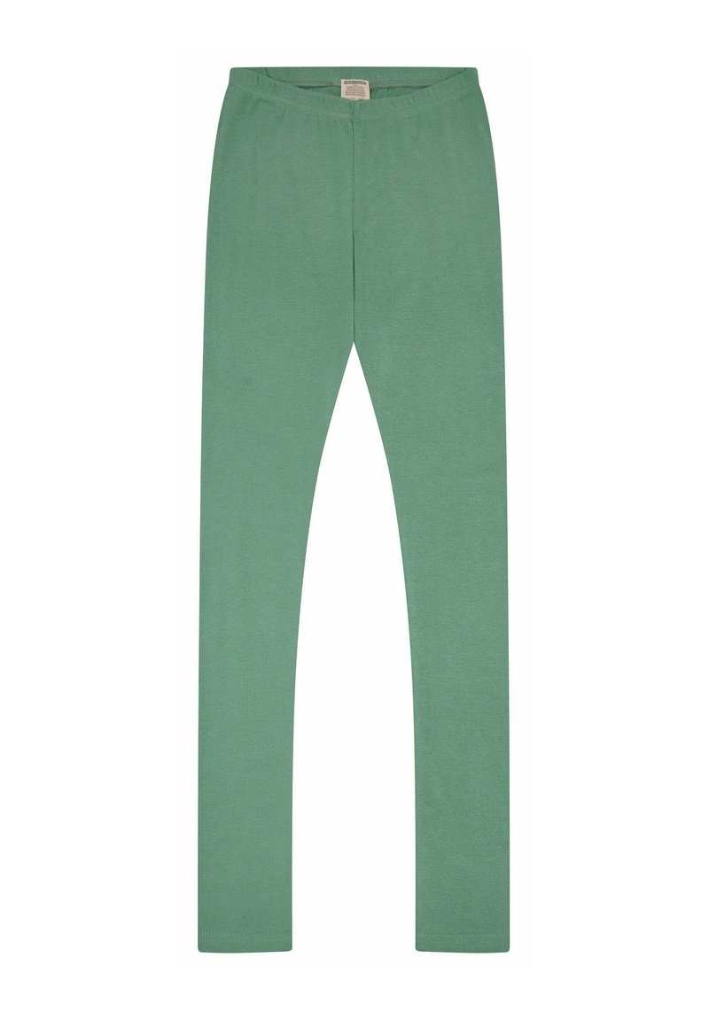Grüne Leggings aus weichem, dehnbarem Material. Sie zeichnen sich durch ein enges Design mit einem elastischen Taillenbund und ohne sichtbare Nähte oder Taschen aus.