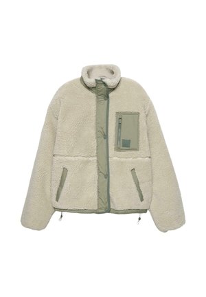 Kurtka polarowa w kolorze ecru z oliwkowymi akcentami, wyposażona w zamykaną na zamek kieszeń na klatce piersiowej, kieszenie po bokach oraz elastyczne mankiety.