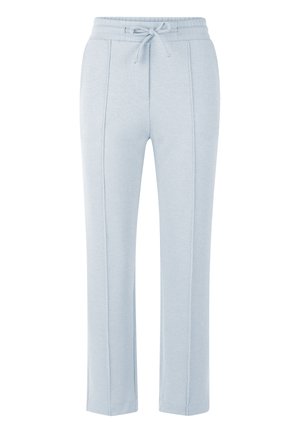 Pantaloni in tessuto strutturato azzurro chiaro con vita elastica e coulisse, taglio a gamba dritta e sottili cuciture verticali sul davanti.