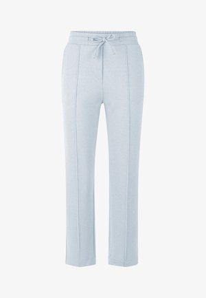 Pantalon en tissu texturé bleu clair avec taille élastique et cordon de serrage, coupe droite et coutures verticales discrètes à l'avant.