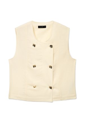 Gilet senza maniche color crema con davanti asimmetrico e sei bottoni decorativi quadrati in metallo, etichettato taglia S da Calliope.