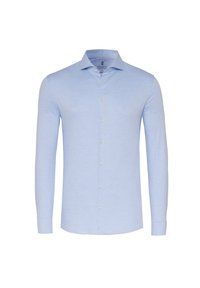 Lichtblauw langslim overhemd met knopen, voorzien van een klassieke kraag, een voorkraag met knopen en een gladde stofopbouw.