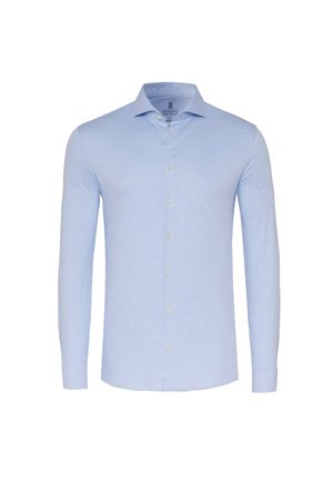 Lichtblauw langslim overhemd met knopen, voorzien van een klassieke kraag, een voorkraag met knopen en een gladde stofopbouw.