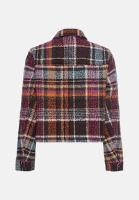 Karierte Jacke aus einem mehrfarbigen Stoff in den Farbtönen Kastanienbraun, Orange, Blau und Schwarz. Strukturierte Optik mit Knopfdetails an den Bündchen.