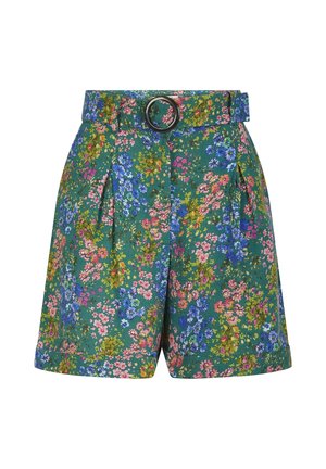 Grüne Shorts mit hoher Taille, rosa, blauem und gelbem Blumenmuster, vorderen Falten und passendem Gürtel mit runder schwarzer Schnalle.