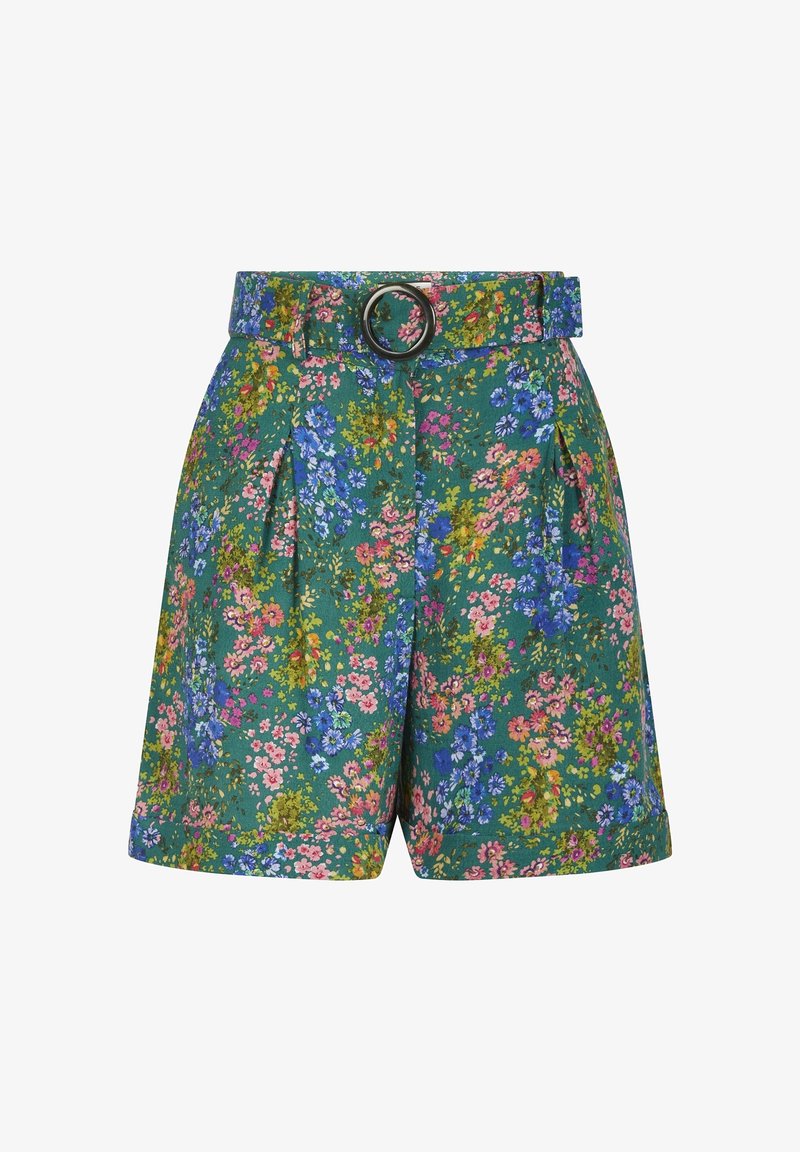 Short vert taille haute avec motif floral rose, bleu et jaune, plis devant et ceinture assortie avec boucle ronde noire.