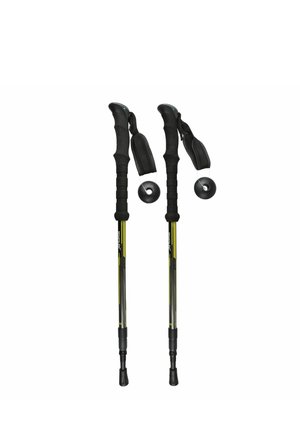 Par de bastones de trekking ajustables con mangos ergonómicos negros, correas para las muñecas y cestas circulares extraíbles para senderismo.