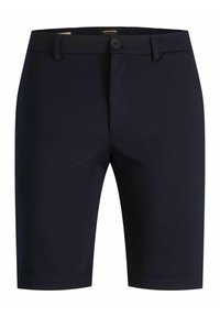 Shorts bleu marine en tissu lisse, dotés d'une fermeture à bouton, de passants de ceinture et d'une coupe standard. Design épuré et minimaliste sans motifs visibles.