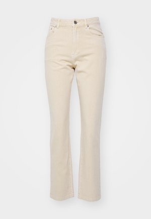 Beige lige ben jeans lavet af denim, med en frontlukning med knap, to forreste lommer og en glat tekstur.