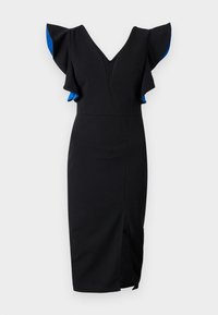 Robe noire avec un décolleté en V et des manches évasées ornées d'accents bleus. Tissu lisse, silhouette ajustée, longueur genoux avec une fente sur le côté.