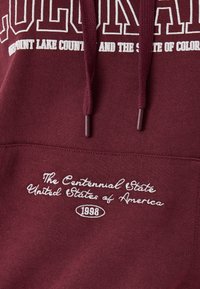 Bordowy sweatshirt z białym napisem "COLORADO" oraz innymi detalami, w tym kieszenią z przodu i sznurkami. Miękka, teksturowana tkanina.