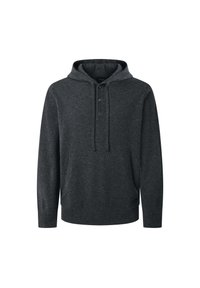 Felpa con cappuccio grigia scura realizzata in tessuto morbido, con una patta frontale con tre bottoni, cappuccio con cordino e polsini e orlo a costine.