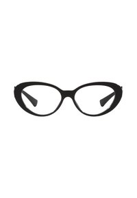 Occhiali da vista stile cat-eye neri con una montatura spessa e lucida in plastica. Le lenti sono trasparenti e le aste sono elegantemente affusolate. Sottili dettagli in metallo ai lati.