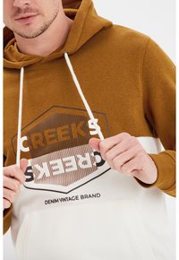 Sudadera con capucha que presenta una sección superior marrón y una sección inferior blanca, con detalles gráficos en texto y logotipo. Tejido suave y cordones ajustables.