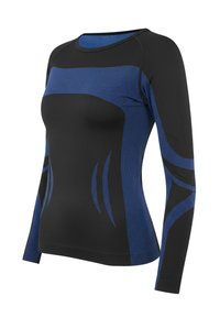 Schwarzes langärmeliges Sportoberteil mit blauen, gerippten Akzenten. Verfügt über eine figurbetonte Passform und Rundhalsausschnitt. Das strukturierte Gewebe bietet Elastizität und Komfort.