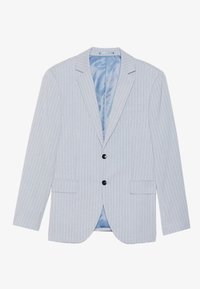 Hellblau gestreifter Blazer mit einreihigem Design, zwei schwarzen Knöpfen und einem seidigen blauen Innenfutter. Verfügt über zwei vordere Taschen.
