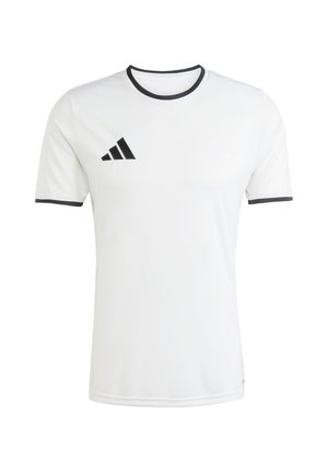 Maglietta atletica bianca a maniche corte con dettagli neri e scollo rotondo. Presenta un logo Adidas nero sul petto a sinistra. Realizzata in tessuto liscio.