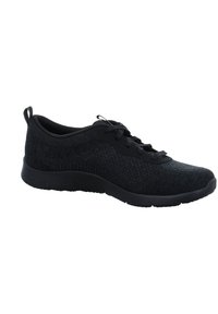 Chaussure de sport noire avec une tige en tricot texturé, design à lacets, col rembourré et semelle en caoutchouc flexible. Matériau léger et respirant.