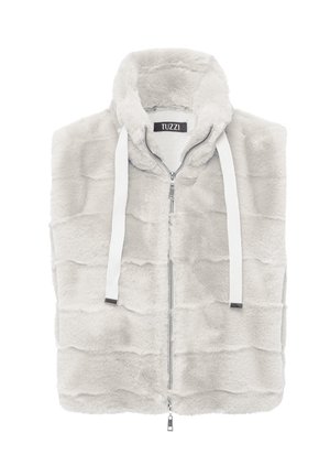 Nepbontvest in lichtgrijs met een ritssluiting, witte trekkoorden en een capuchon. Heeft een getextureerd, golvend patroon over het gehele vest.