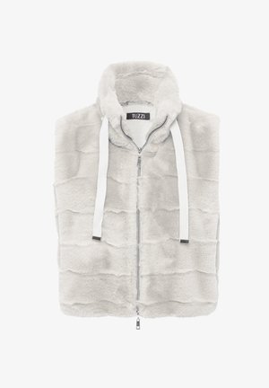 Kunstpelzweste in Hellgrau mit einem Reißverschluss, weißen Kordelzügen und einer Kapuze. Sie zeichnet sich durch ein strukturiertes, wellenförmiges Muster aus.