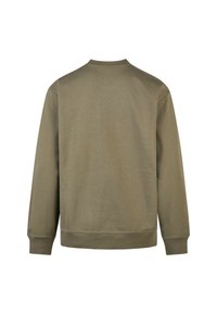 Olivegrüner Sweatshirt mit Rundhalsausschnitt, gerippten Bündchen und strukturiertem Stoff. Die Rückansicht zeigt ein glattes, schlichtes Design.