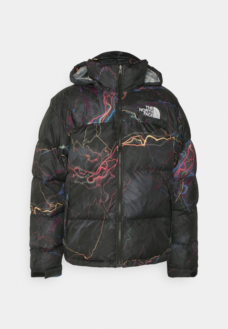 Mustat untuvatakki, jossa on monivärisiä abstrakteja viivakuoseja, edessä vetoketju, huppu ja valkoinen The North Face -logo rinnassa.