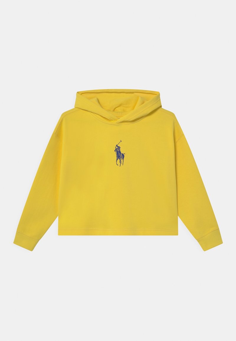 Gul cropped hoodie i mjuk bomull, med en känguruficka och en blå broderad hästlogotyp på bröstet.